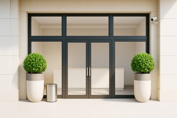 Poster - Modern glass entrance with minimalist decor, potted plants, and indoor counter in contemporary building interior with clean architectural design.