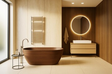 Poster - Modern wooden bathroom interior with freestanding tub, lighted mirror, and minimalist decor in warm tones on contemporary background.