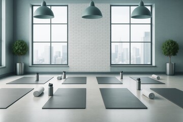 Poster - Modern yoga studio interior with minimalistic design, large windows, and yoga mats arranged neatly on the floor in a bright, contemporary room.