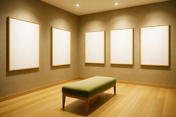 Poster - Contemporary gallery room with blank vertical frames on wall and green bench on wooden floor under warm lighting in minimalist interior setup.