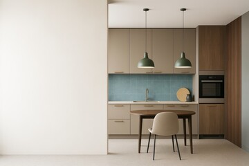 Poster - Contemporary kitchen interior with minimalist furniture and blank wall ideal for design mockup or branding presentation background.