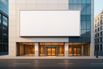 Aufkleber - Blank billboard on modern commercial building facade with large glass windows and warm interior lighting on urban street at sunset.