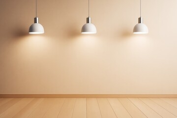 Poster - Modern empty interior room with wooden floor and three ceiling lamps illuminating a beige wall for branding or design mockup template concept.