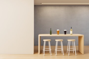Poster - Modern minimalist bar interior with wooden stools and drinks on counter in contemporary room with blank wall and clean design concept.