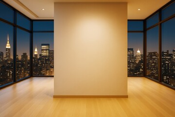Poster - Modern empty room with blank wall and panoramic city view through large windows at night, ideal for interior design mockup or branding display.