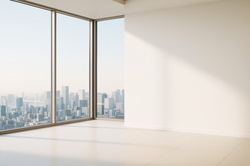 Poster - Bright empty modern room interior with large windows overlooking city skyline and blank wall for design mockup or presentation template.