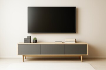 Poster - Modern minimalist living room interior with blank TV screen and contemporary cabinet on light wall background for branding and design mockup concept.