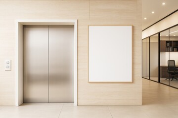 Poster - Modern elevator lobby with blank poster frame and glass office interior in contemporary clean workspace design concept.