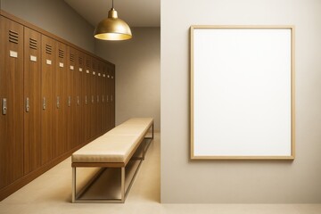 Poster - Empty locker room with wooden lockers, cushioned bench, large blank frame on beige wall under golden light in modern interior design concept.