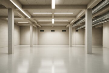 Poster - Modern empty industrial interior with concrete pillars, white walls and ceiling lights in a clean architectural space for branding or mockup use.