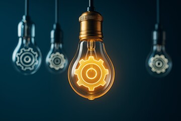 Aufkleber - Glowing light bulb with gear symbol representing innovation and process optimization on dark background for business concept illustration.