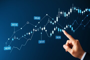 Poster - Businessman's hand analyzing financial stock chart on blue background with glowing light elements and data-driven trading concept interface.