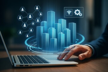 Poster - Smart city infrastructure network concept with digital buildings and connected icons emerging from laptop on dark business background.