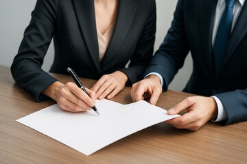 Poster - Business professionals signing document at wooden desk in formal attire on neutral background, symbolizing agreement and partnership.