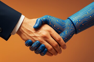 Poster - Human and robotic hand shaking symbolizing business partnership and technological collaboration on orange background with light reflections.