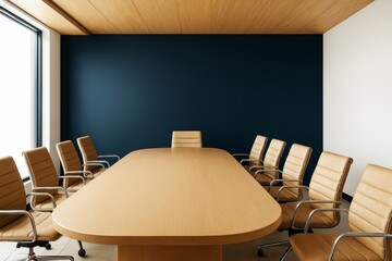 Poster - Modern business boardroom interior with wooden table, leather chairs, and clean dark blue wall background under natural light concept.
