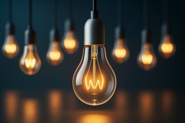 Poster - Glowing hanging light bulbs in a dark room with bokeh background symbolizing creativity and innovation concept for business inspiration ideas.