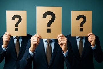 Poster - Anonymous businesspeople holding question mark signs over faces on teal background suggesting unknown identity and corporate mystery concept.