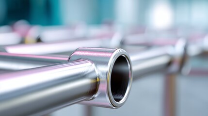 Poster - Stainless steel pipes arranged in a factory setting with polished surfaces and a modern background