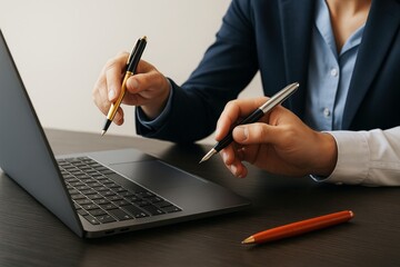 Poster - Close-up of business professionals using pens to discuss content on laptop during meeting on dark desk with neutral background. Ai generative.
