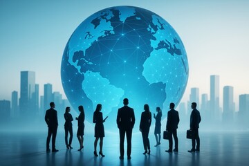 Aufkleber - Global business team silhouettes with digital globe and cityscape background, symbolizing international corporate network and communication concept.