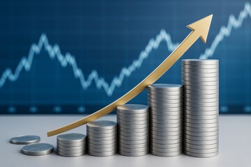 Poster - Stacks of silver coins forming a rising graph with golden arrow on light surface and stock chart background representing business growth concept.