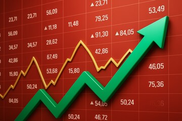 Poster - Green arrow and gold graph line showing upward stock price growth on red financial background with numbers and charts in business concept.