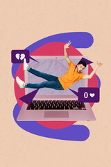 Poster - Poster pop collage of person stand fall big netbook screen with dislike on pastel background