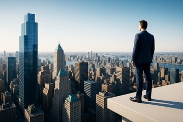 Poster - Businessman standing on rooftop overlooking modern city skyline under morning light, symbolizing ambition, leadership and success concept.