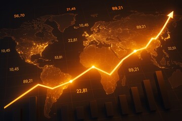 Poster - Glowing orange global business growth chart with rising arrow over world map background illustrating economic data and market success concept.