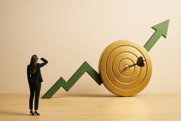 Poster - Businesswoman looking at upward arrow hitting golden target on light wood floor with minimal background. Concept of success and business growth.