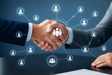 Aufkleber - Business handshake with digital network of people icons representing partnership and collaboration on a light blue background in a business concept.