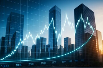 Poster - Financial growth chart with glowing line graph overlay on city skyscrapers at sunset, representing business success and economic progress.