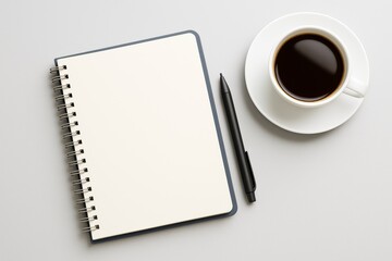 Poster - Blank spiral notebook with black pen and coffee cup on light background, clean business mockup with copy space for creative design or branding..