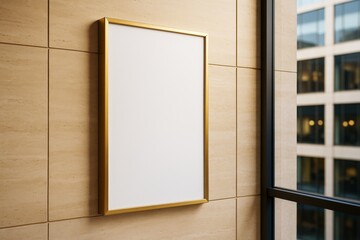 Poster - Vertical blank poster with golden frame on marble office wall near window, perfect for business advertising or branding mockup concept.