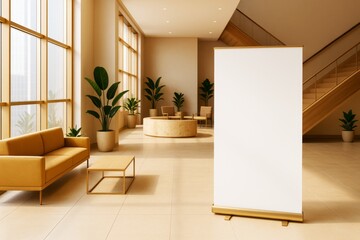 Poster - Vertical blank banner mockup in modern business lobby with warm light and clean interior design for advertising, branding or promotion template.