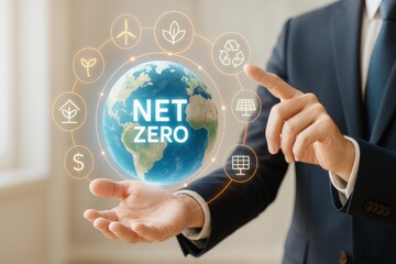 Poster - Businessman interacts with digital earth labeled Net Zero surrounded by energy and sustainability icons on soft light background. Ai generative.