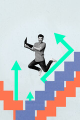 Poster - Poster template collage of person jump use netbook with arrows up puzzle pice on pastel color background