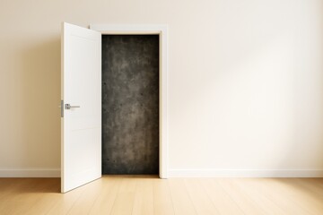Poster - Open white door revealing dark concrete wall, minimal interior with wooden floor and soft light background, abstract concept of mystery and contrast.