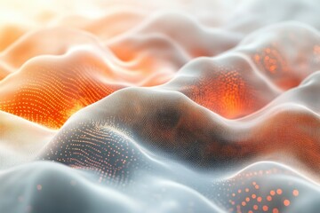 Poster - Abstract representation of flowing waves in orange and gray hues with a digital texture