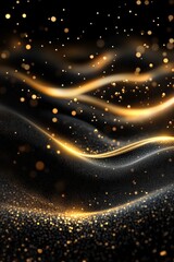 Poster - Abstract golden particles and light waves create a shimmering, dynamic landscape of glowing dots and flowing lines against a dark background.