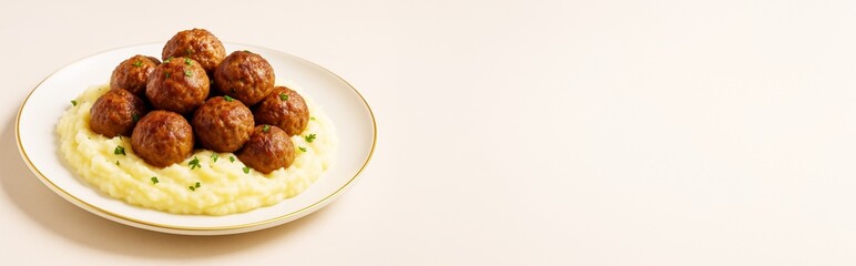 Poster - Plate of meatballs served on creamy mashed potatoes garnished with herbs on a clean light background with copy space for food advertising or promotion.