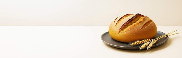 Poster - Rustic round loaf of bread on dark plate with wheat stalks on light background, ideal for food promotion or bakery advertising template use.