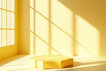 Poster - Bright yellow room with sunlight streaming through large windows, casting shadows on walls and a hexagonal platform on the floor.