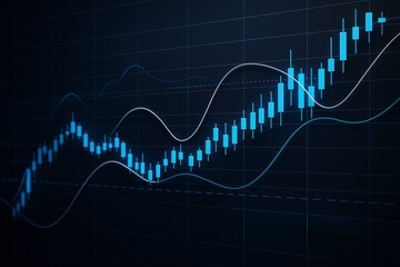 Poster - Abstract financial chart with candlestick data, trend lines and blue glowing light on dark background for stock market analysis concept.