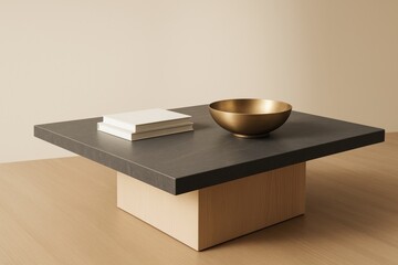 Poster - Modern minimalist table with black stone top, brass bowl, and books on wooden base in light neutral background. Ai generative.