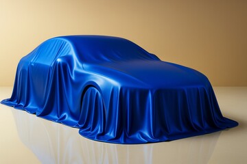 Poster - Covered car draped in shiny blue fabric on glossy floor with beige background under soft light in a creative conceptual graphic style.