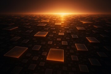 Poster - Futuristic glowing orange digital tiles on dark background forming abstract illuminated horizon in hi-tech perspective style at sunset light.