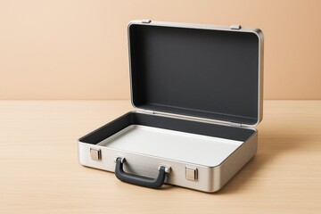 Poster - Open empty metal suitcase with black interior on wooden surface and soft beige background under natural light in minimal abstract graphic composition.