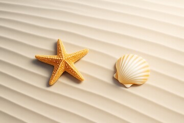 Poster - Starfish and shell on wavy sand background with soft shadows and warm lighting in a minimalistic summer beach composition. Ai generative.